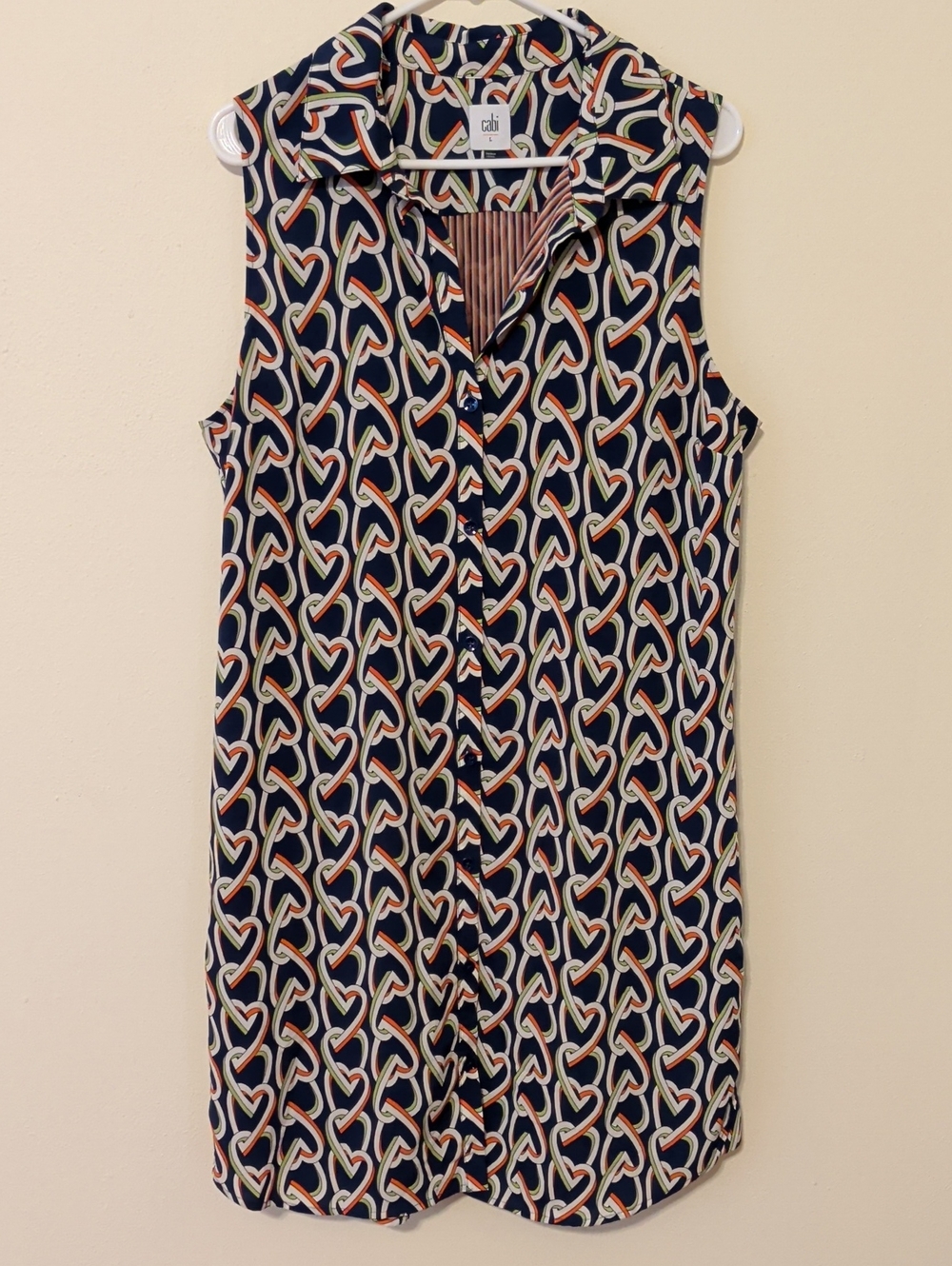 CAbi Navy Sleeveless Button-Front Dress with Multicolor Chain Heart Print